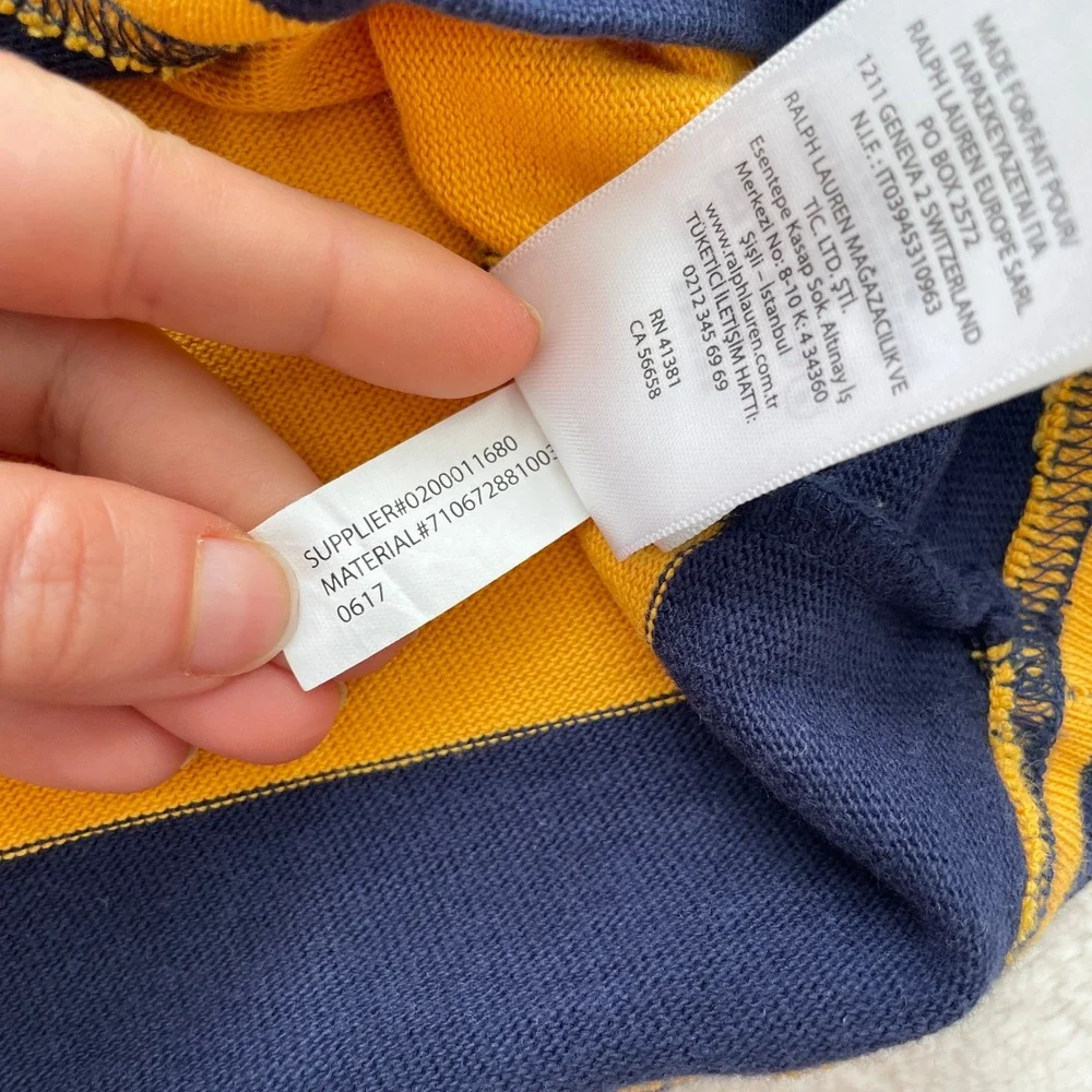 Polo Ralph Lauren Mens Rugby Shirt Navy Yellow Striped Custom Slim Fit Logo XL